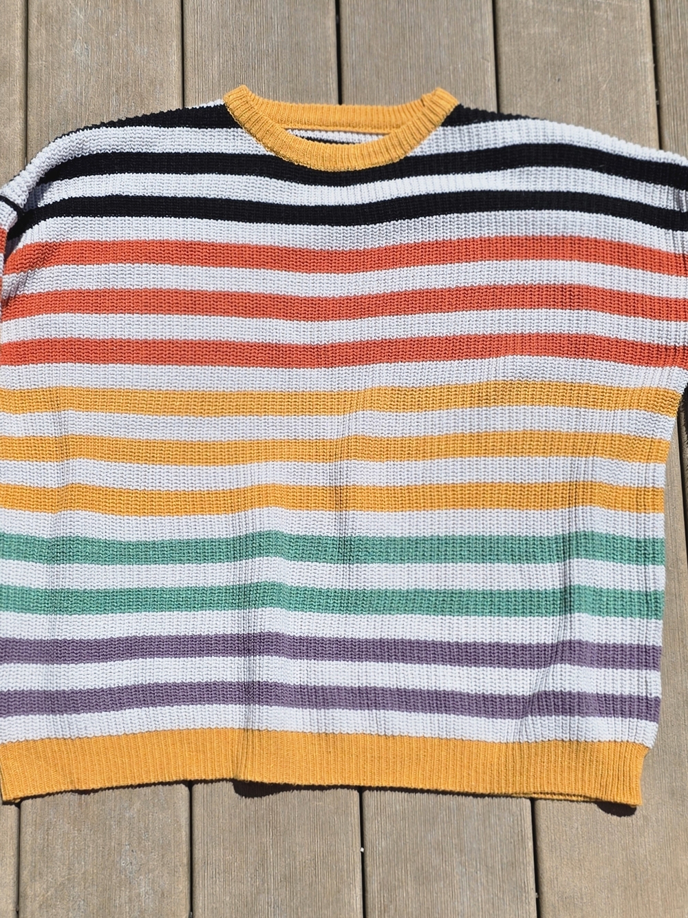 Multicolor Striped Crewneck Sweater with Yellow Trim